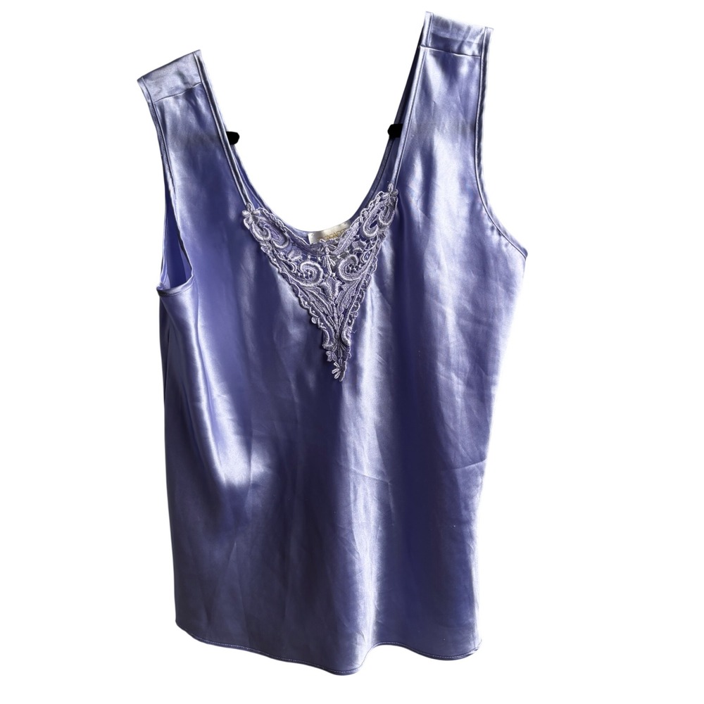 Vintage Escapades Lavender Purple Satin Lace V-Neck Cami Tank Top M USA Made VTG